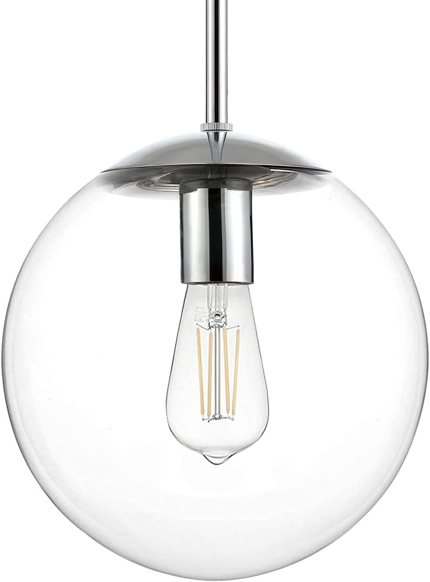 MOTINI Large Glass Globe Pendant Light Fixture 10 Inch, Polished Chrome with Clear Glass Shade, Modern Ceiling Hanging Pendant Lighting for Kitchen Island Dining Room