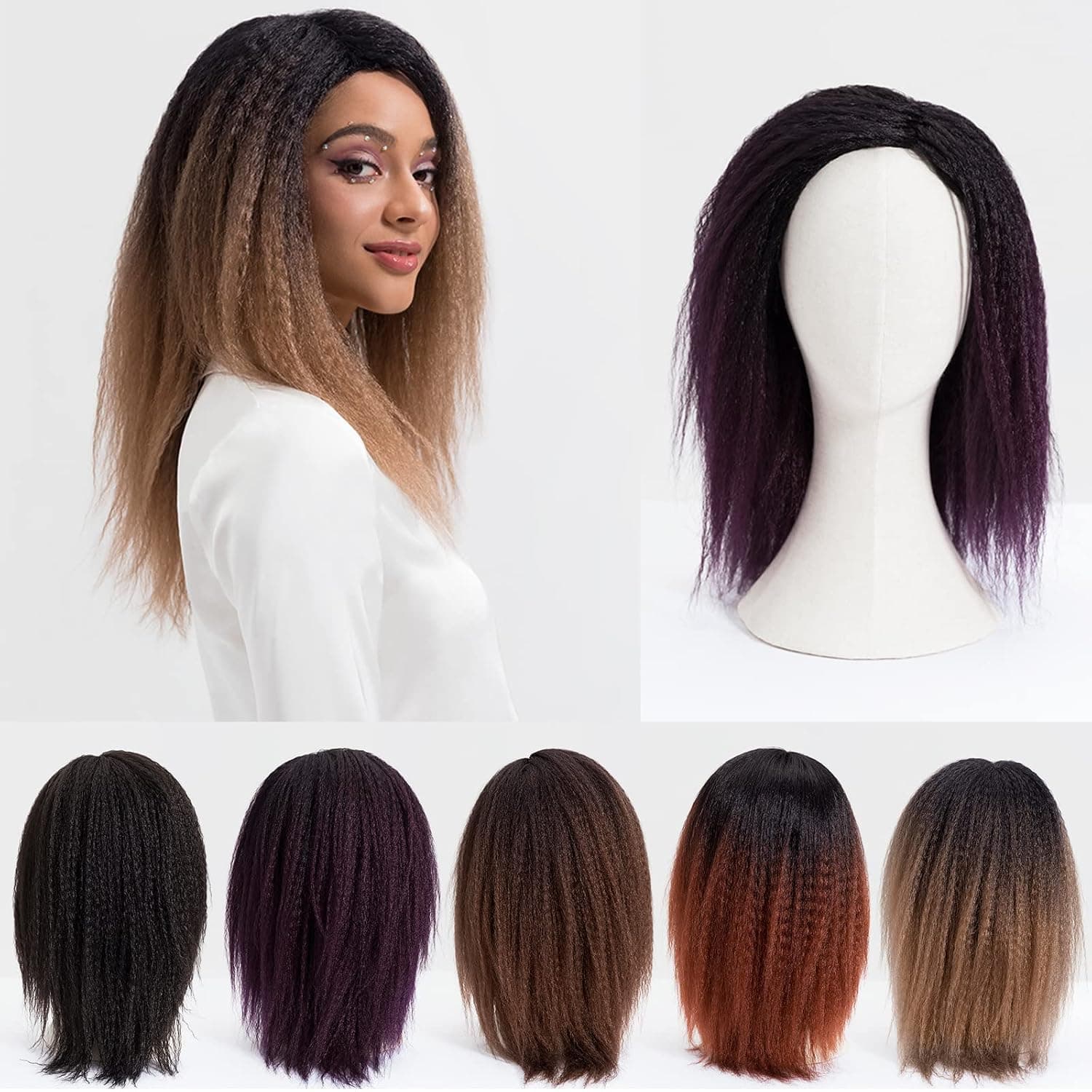 Pelidon Kinky Straight Wig Synthetic Wigs for Black Women Machine Handmade None Lace Wig 180% Density Wig Natural Looking Yaki Wig Parted Wig for Women Daily Party Use Black&Dark Purple Color