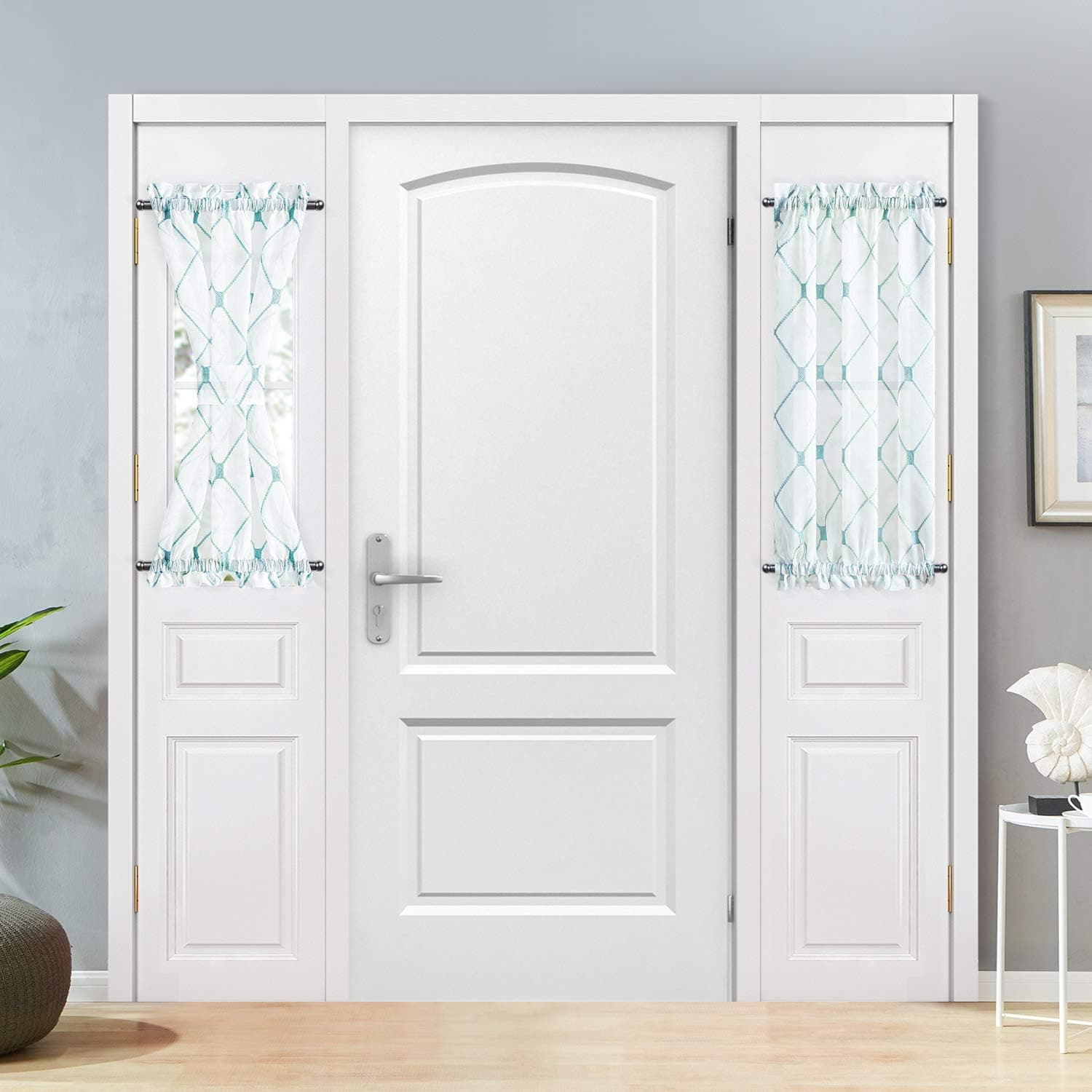 Topfinel Sheer French Door Window Curtains 25x40 Inches Sidelight Curtains for Front Door Tieback Included, White Teal, 2 Panels