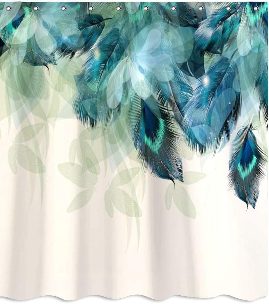 hipaopao Peacock Feather Watercolor Shower Curtain Teal Blue Turquoise Floral Fabric Shower Curtain Sets Bathroom Decor with Hooks Waterproof Washable 72 x 72 inches Green Black