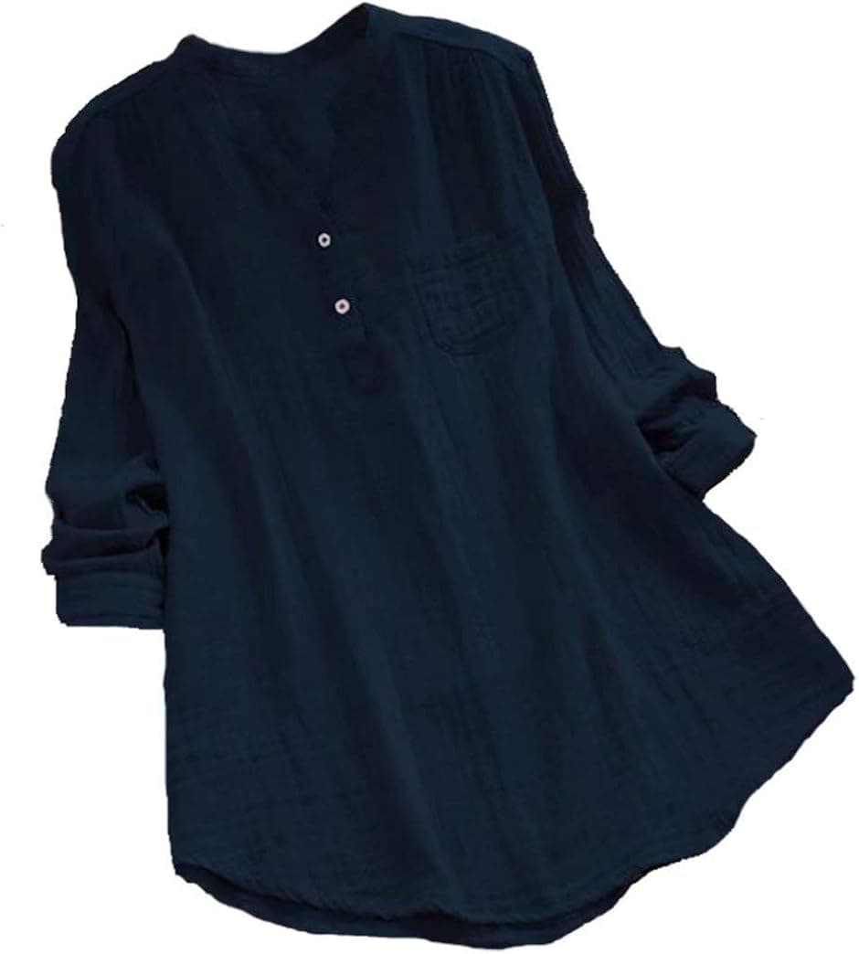 MNLYBABY Women Cotton Linen Oversized Blouse Stand Collar Long Sleeve Loose Tunic Top T-Shirt Size 4XL (Navy)