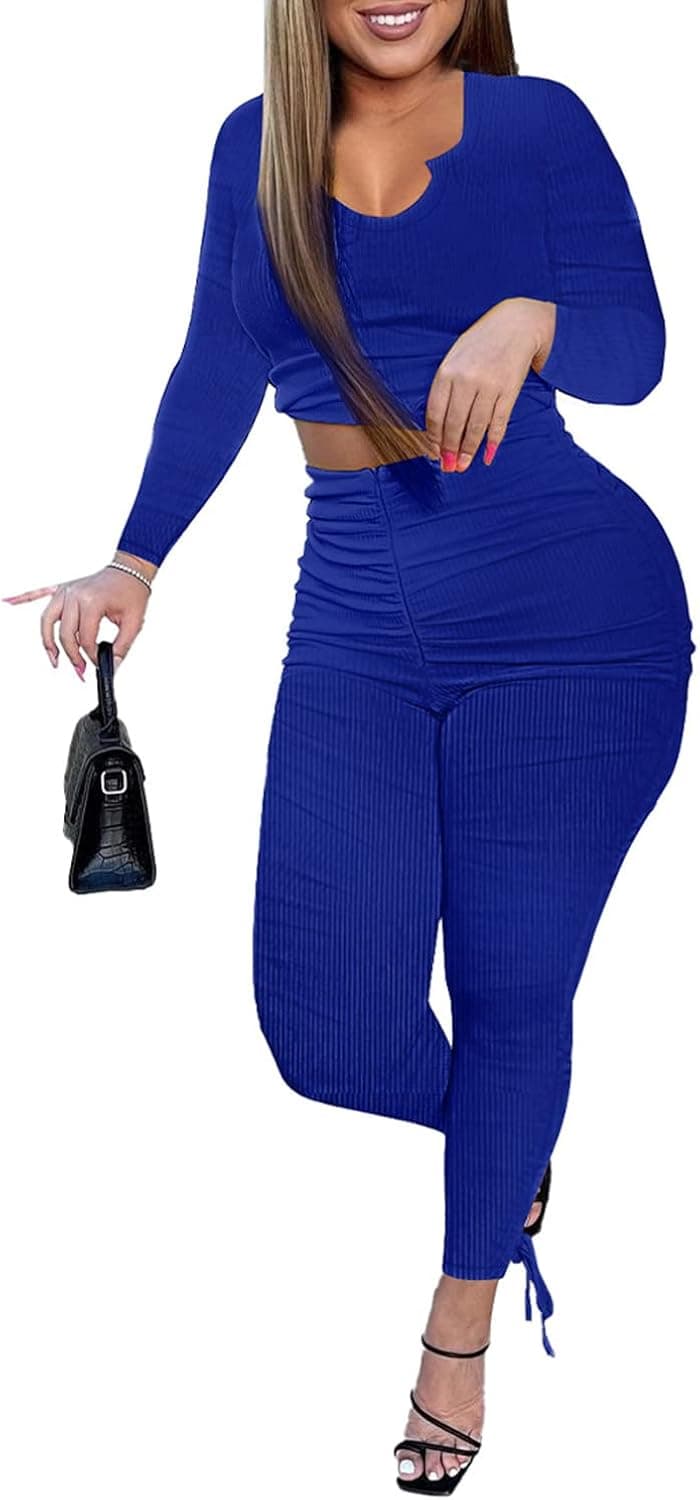 Workout Sets for Women 2 Piece, Casual Stretchy Ribbed Tracksuit, Two Piece U Neck Long Sleeve Fall Outfits