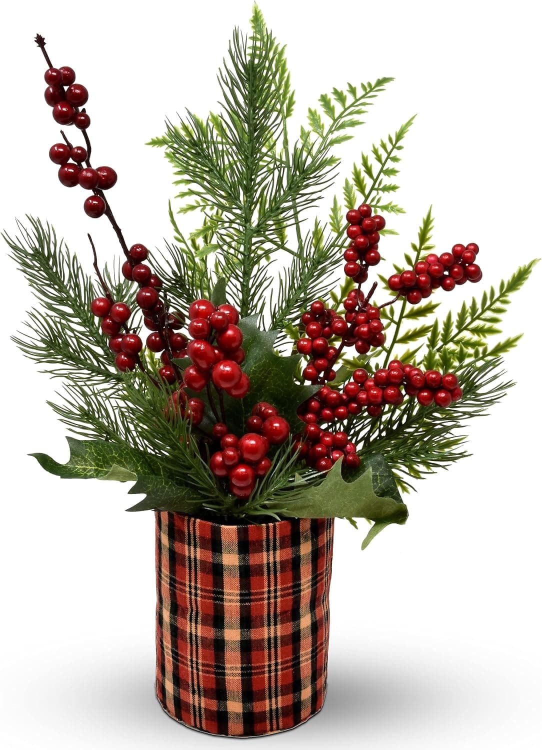 Gift Boutique Christmas Flowers Plant Pot Centerpiece Artificial Floral Arrangement with Faux Pine Leaves Berries for Porch Large Winter Holiday Tabletop Decorations