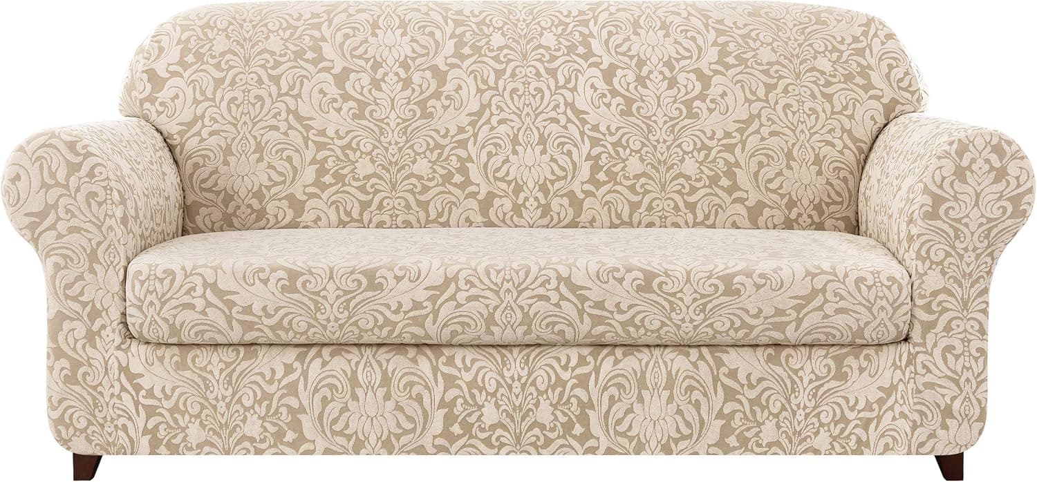 subrtex Sofa Slipcover 2-Piece Jacquard Damask Couch Cover with Seat Cushion Stretch Furniture Protector for Armchair in Living Room for Kids, Pets (X-Large,Linen)