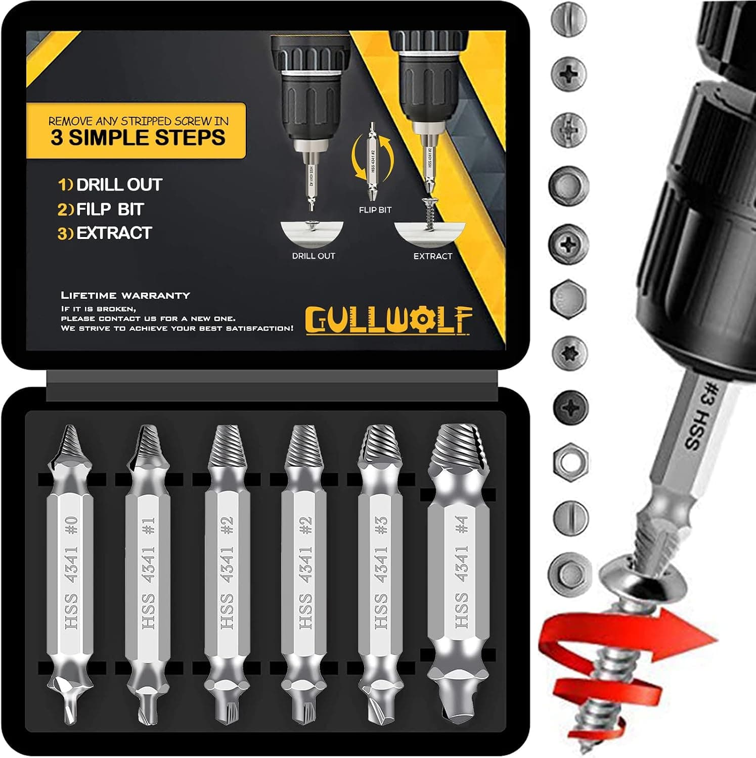 GULLWOLF Damaged Screw Extractor - Remover for Stripped Head Screws Nuts & Bolts | Drill Bit Tools for Easy Removal of Rusty & Broken Hardware | High Speed Steel | Superb Gift for Men