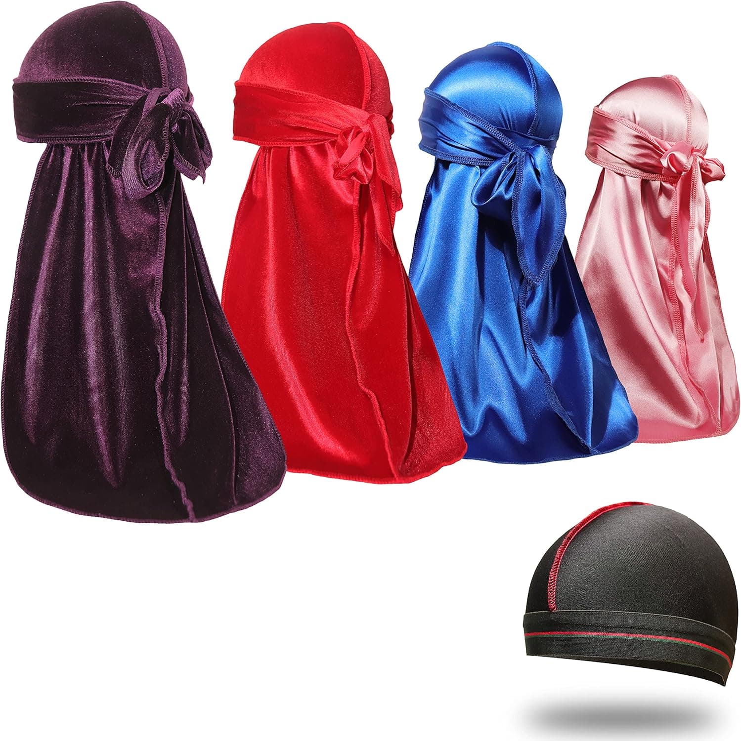 4 Pcs Durags with 1 Wave Cap - 2 Luxury Velvet Durags, 2 Silky Durags with 1 Wave Cap, Durags for Men 360 Waves