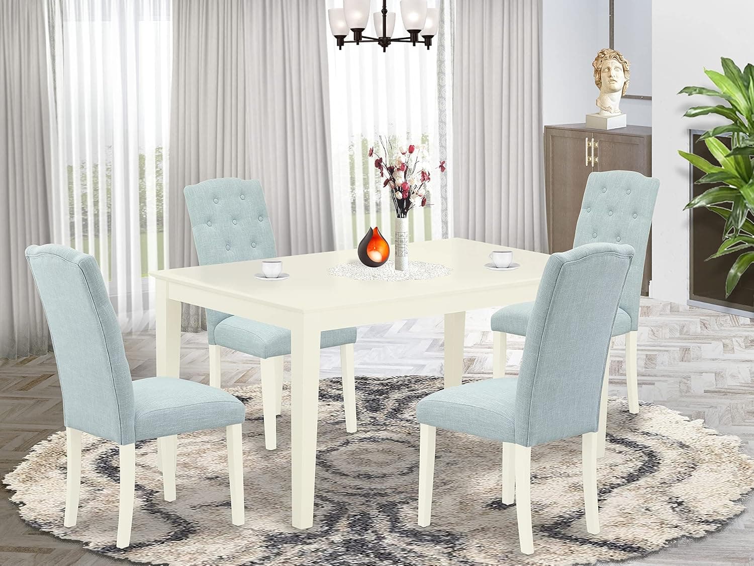 East West Furniture CACE5-LWH-15 5Pc Dining Set Includes a Rectangle Dinette Table and Four Parson Chairs with Baby Blue Fabric, Linen White Finish