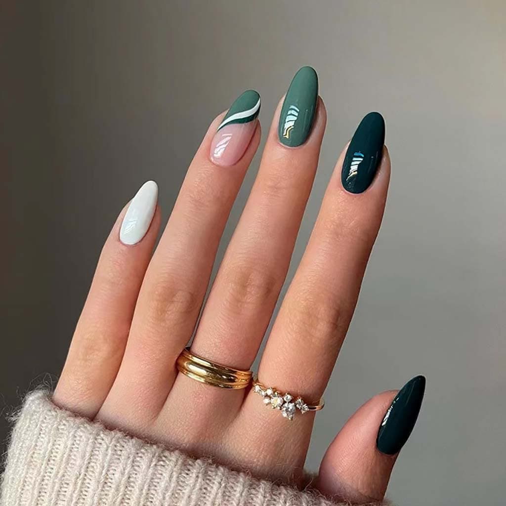 RikView Medium Press on Nails French Fake Nails Green Nails Almond Acrylic Nails White Nails