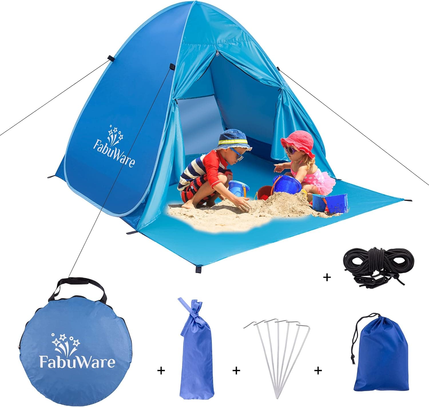 Fabuware Pop Up Beach Tent – UPF 50+ UV Sun Protection Beach Shade Beach Tent Pop Up for Kids & Adults - Sun Shelter with Carry Bag and Tent Stakes for Beach, Park, Camping (Blue)