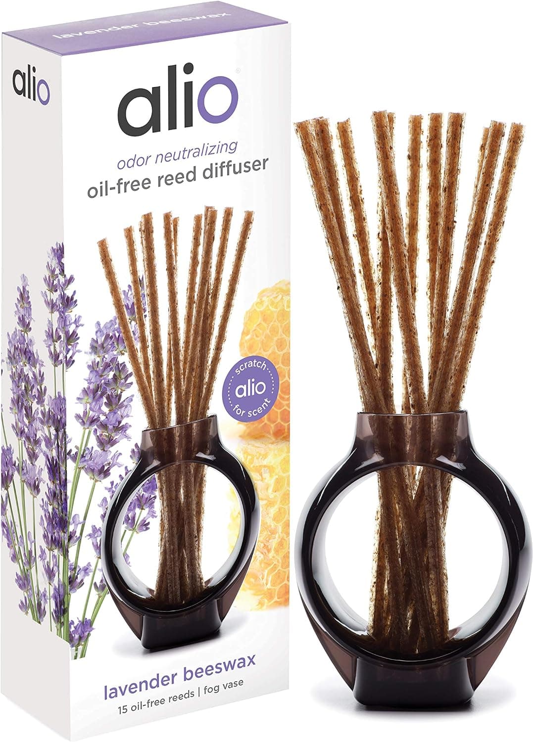 ALIO Oil-Free Reed Diffuser – Odor Neutralizing SUBTLE Lavender Beeswax Scent, Pet and Eco Friendly – 15 Oil-Free Diffuser Reeds in Signature Vase – No Oils, Sprays, Plug-Ins, or Flames