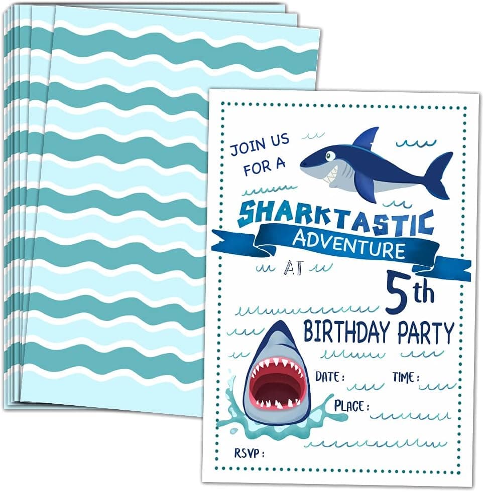 ukebobo 5th Birthday Party Invitations with Envelopes – Shark Birthday Party Invitations, Shark Party Decorations– 20 Cards With Envelopes（sy-05）