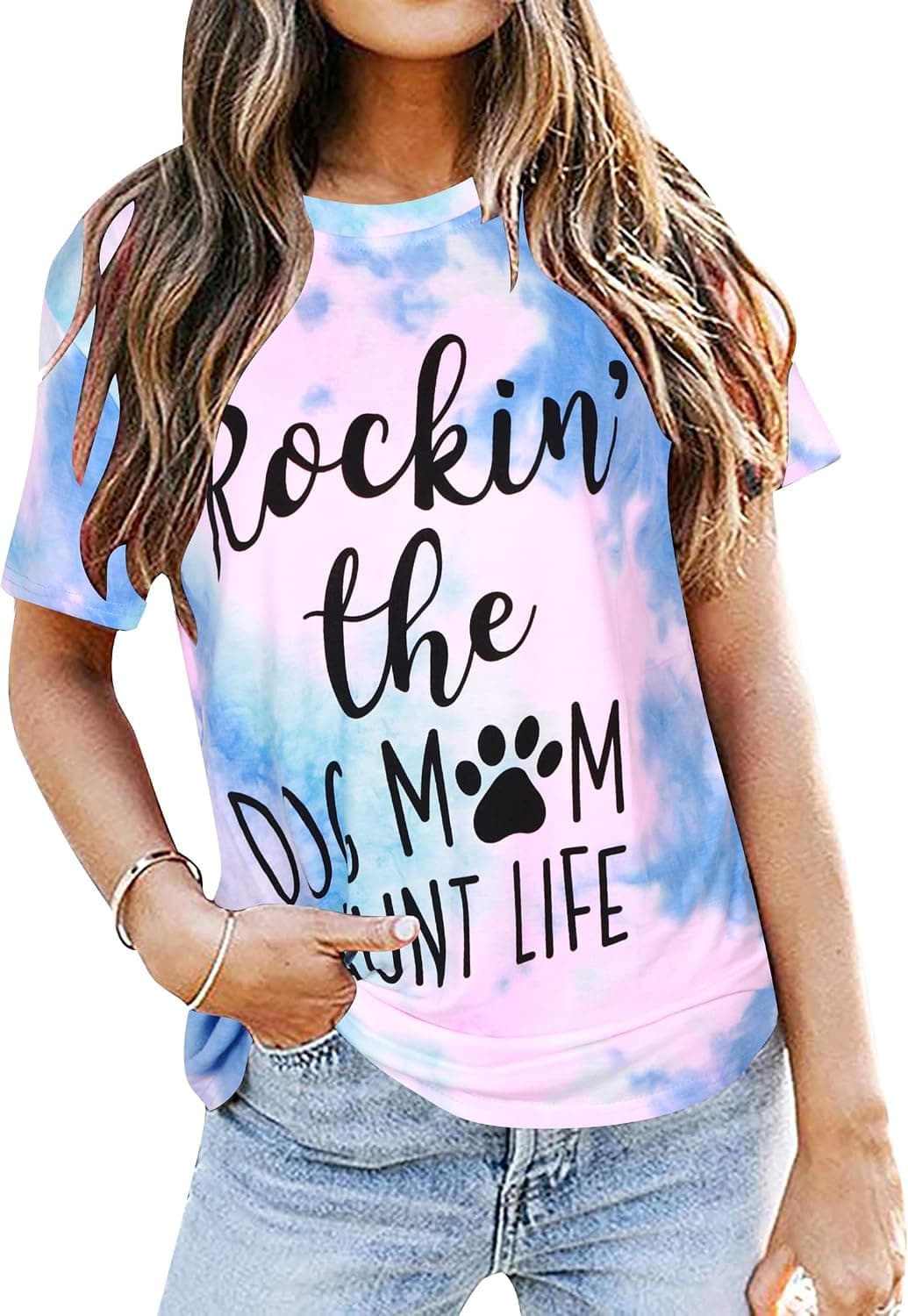Rockin' The Dog Mom Aunt Life Tshirt Women's Cute Dog Lovers Shirts Short Sleeve Dog Mama T-Shirt Tees Tops