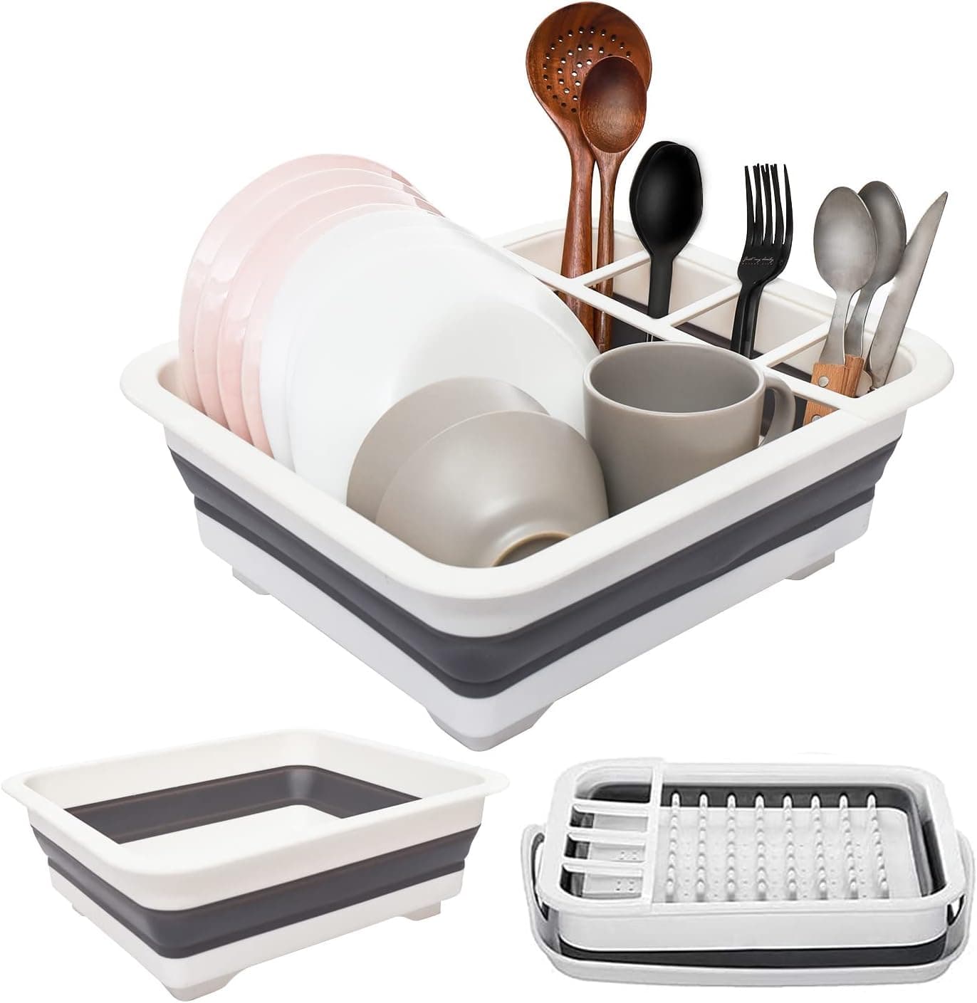 Kerhouze 2 Pack Dish Drying Rack Set, Collapsible Dish Drying Rack for Drain & Storage, 8L Collapsible Wash Basin for Sink, Rv, Kitchen, Camping