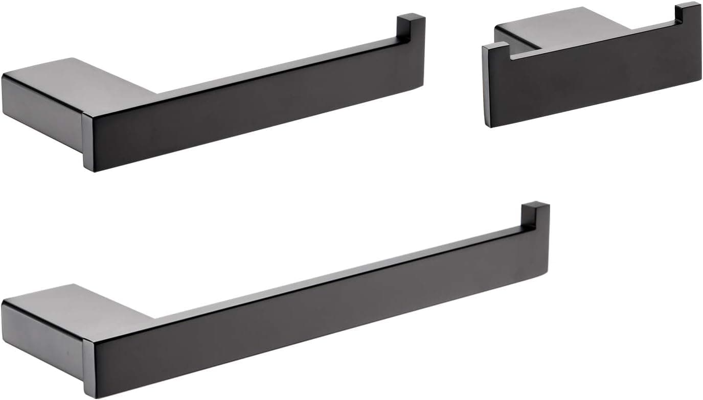 HILFA Premium SUS304 Stainless Steel 3-Piece Bathroom Hardware Accessories Set Wall Mounted Bathroom Hardware Kit - Robe Hook Toilet Paper Holder Towel Holder,Matte Black,303-MB