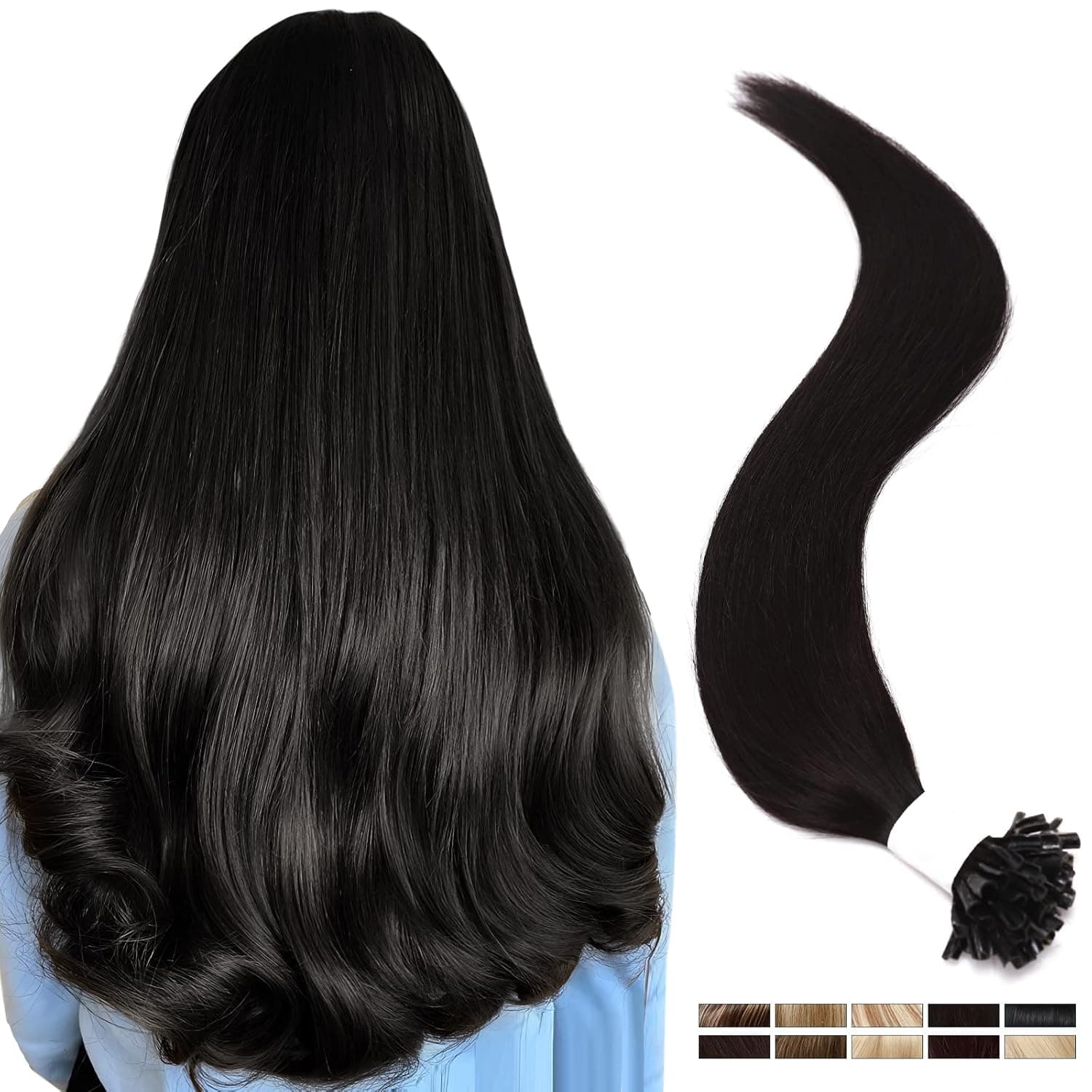 Elailite Keratin Bond Hair Extensions Human Hair V3.0 U Tip Glue 50g/50s #1B Natural Black Heat Fusion 100% Real Seamless Silky Natural Straight for Women 16 Inch