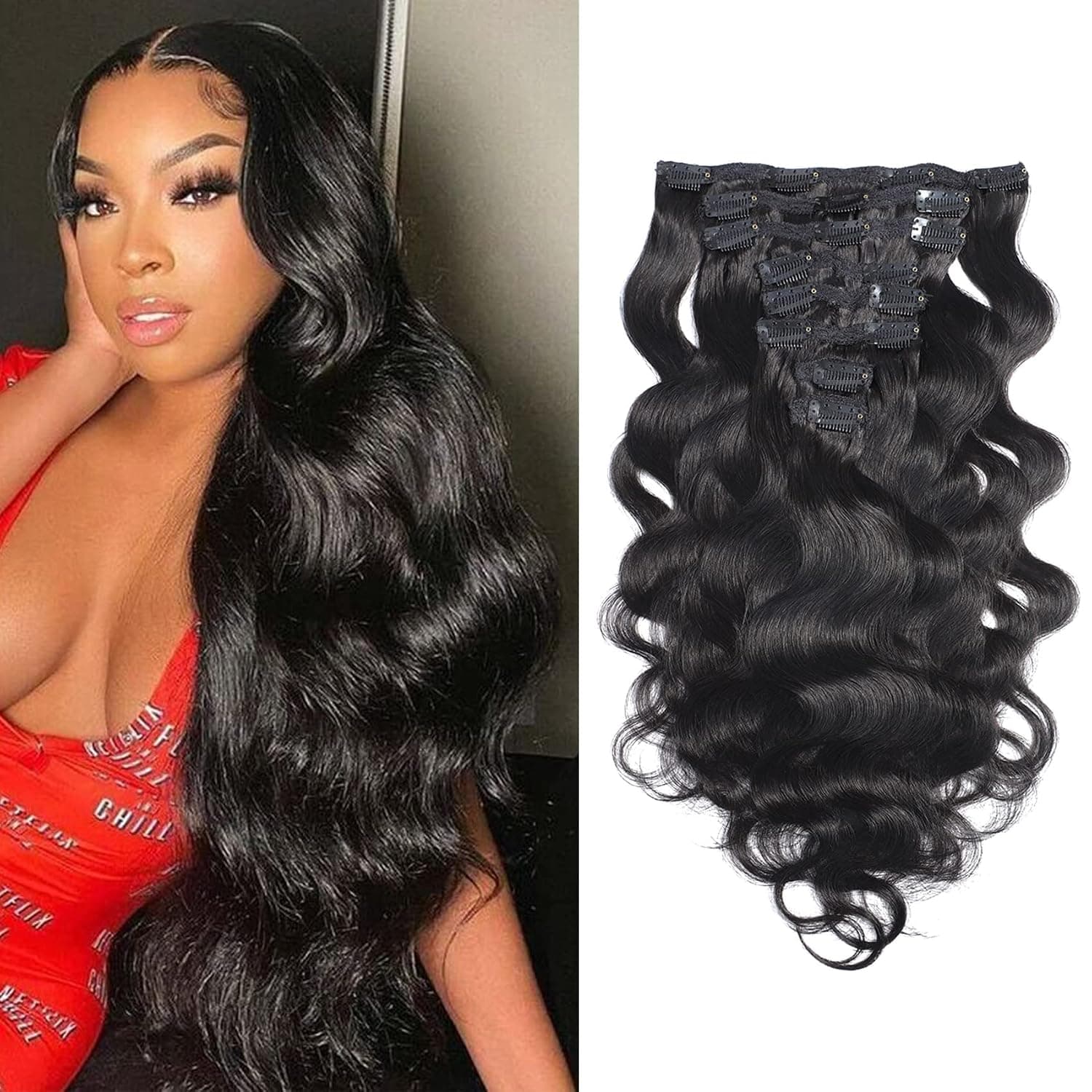 Brazilian Body Wave Clip in Hair Extensions 1 Piece Clip In Hair Extensions Real Human Hair 100% Unprocessed Human Human Hair Cheap 8 Pieces/Lot 135g with 18 Clips (24", Body Wave)