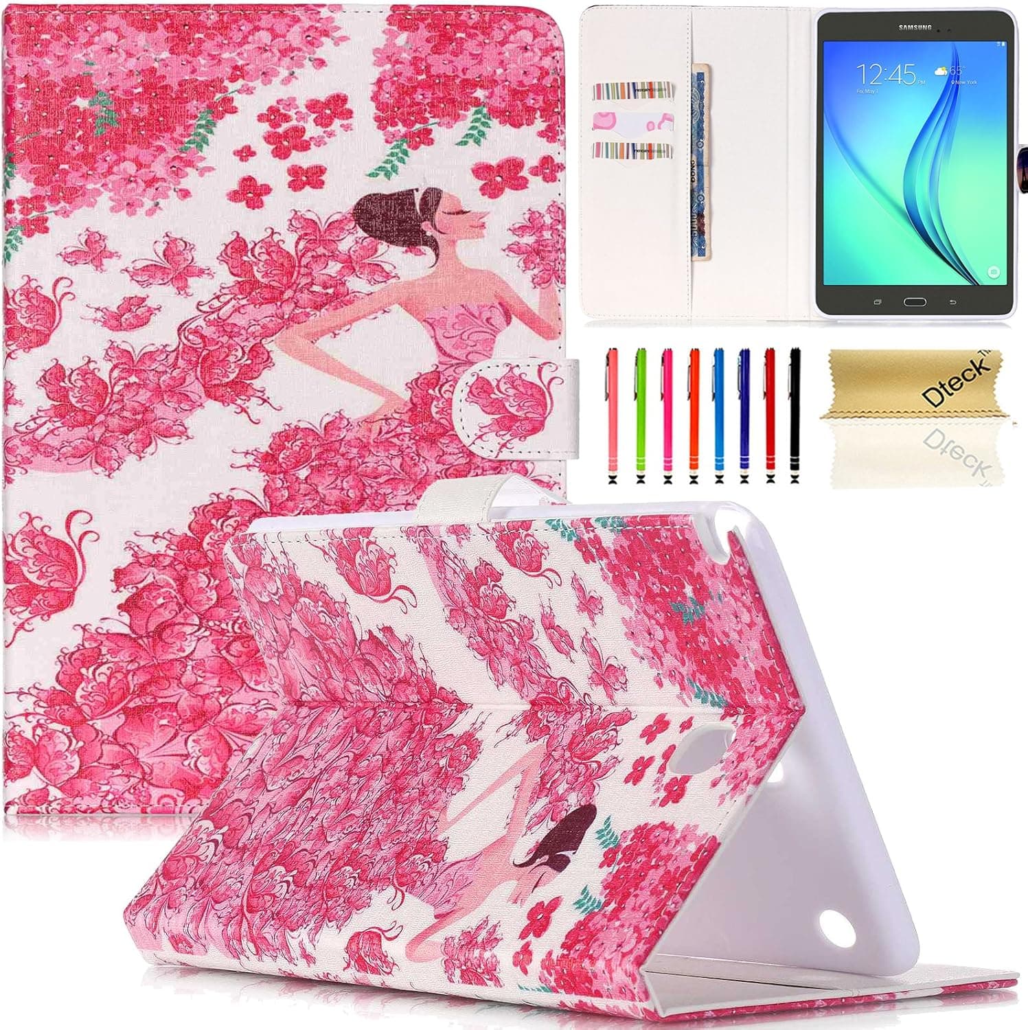 Galaxy Tab A 8.0 Case, SM-T350 Case, Dteck(TM) Slim Flip Synthetic Leather Wallet Case Cover [Money Card Slots] Protective Stand Case for Samsung Galaxy Tab A 8.0 inch(Flower Dress)