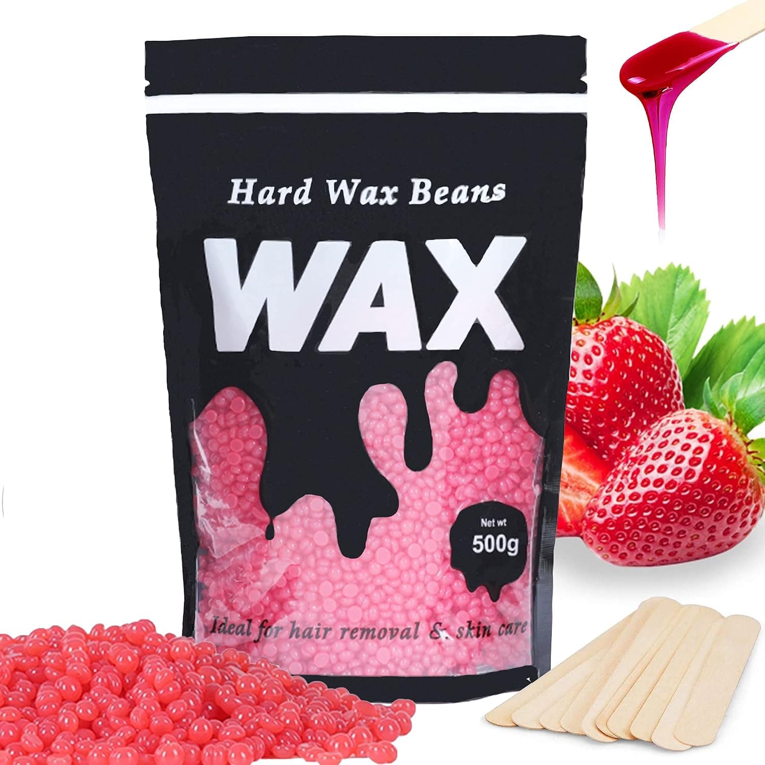 AWANGLUO 1.1lb Hard Wax Beads for Women and Men,with 10 Applicator Sticks,Low Melting Point for Sensitive Skin,Coarse Body Hair Specific, for Body, Legs, Face, Underarm, Bikini, Brazilian,Underarms for any Wax Warmer(Strawberry)