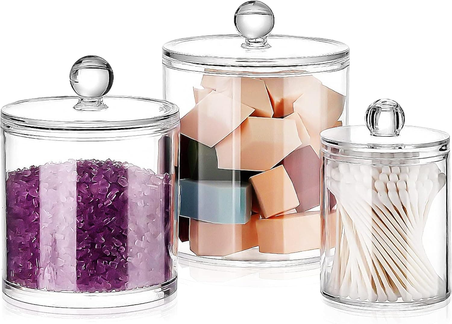 MYITYARD Plastic Apothecary Jars with lid Set, 3 Pack Clear Qtip Holder Dispenser Bathroom Organizer Canisters for Cotton Swab Floss Makeup Sponges