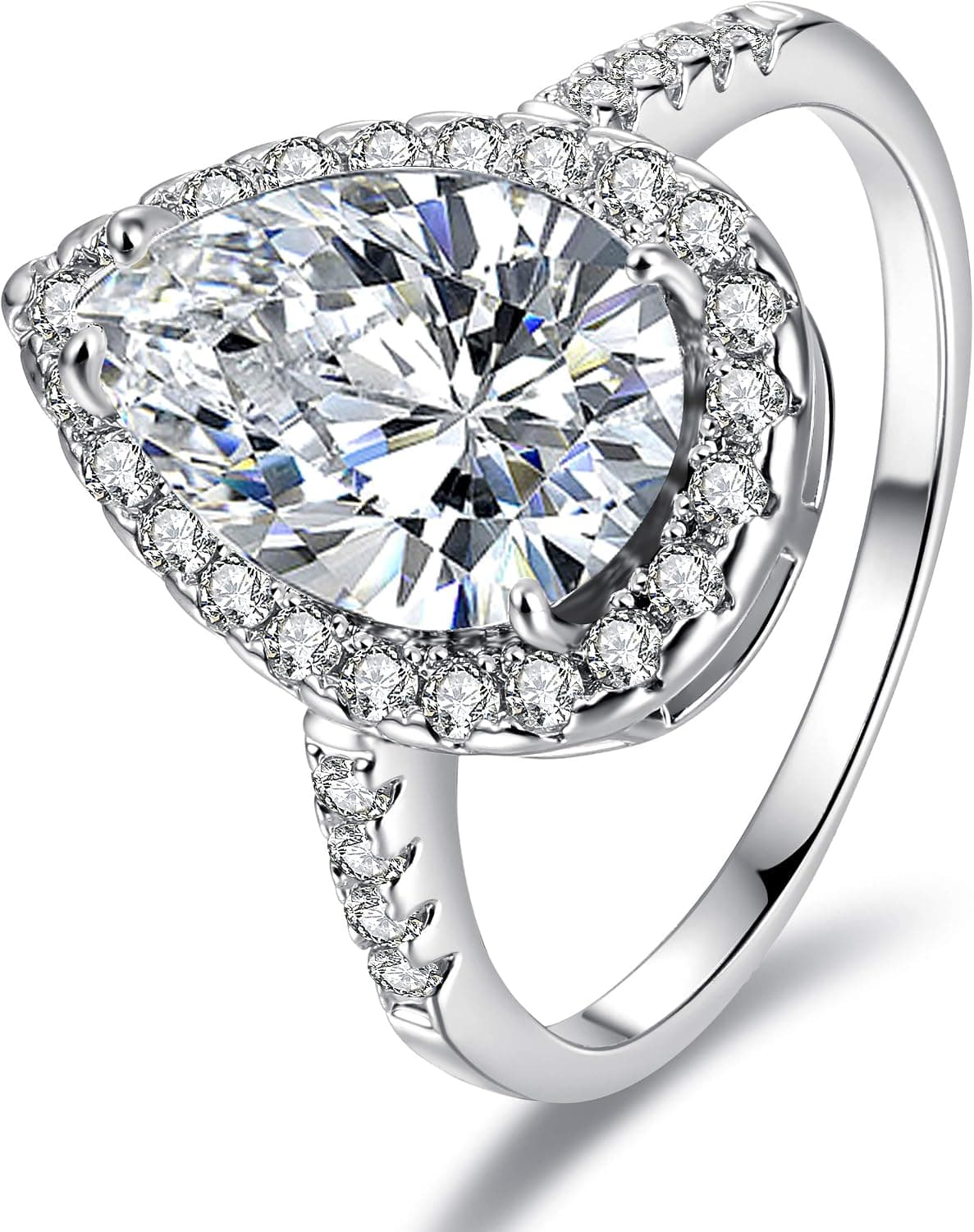 JIANGYUE Teardrop CZ Cubic Zirconia Solitaire Halo Promise Pear Shaped Engagement Wedding Bands Rings for Women, Rhodium Plated Big Stone Birthday Mothey's Day Jewelry Gift Size 7
