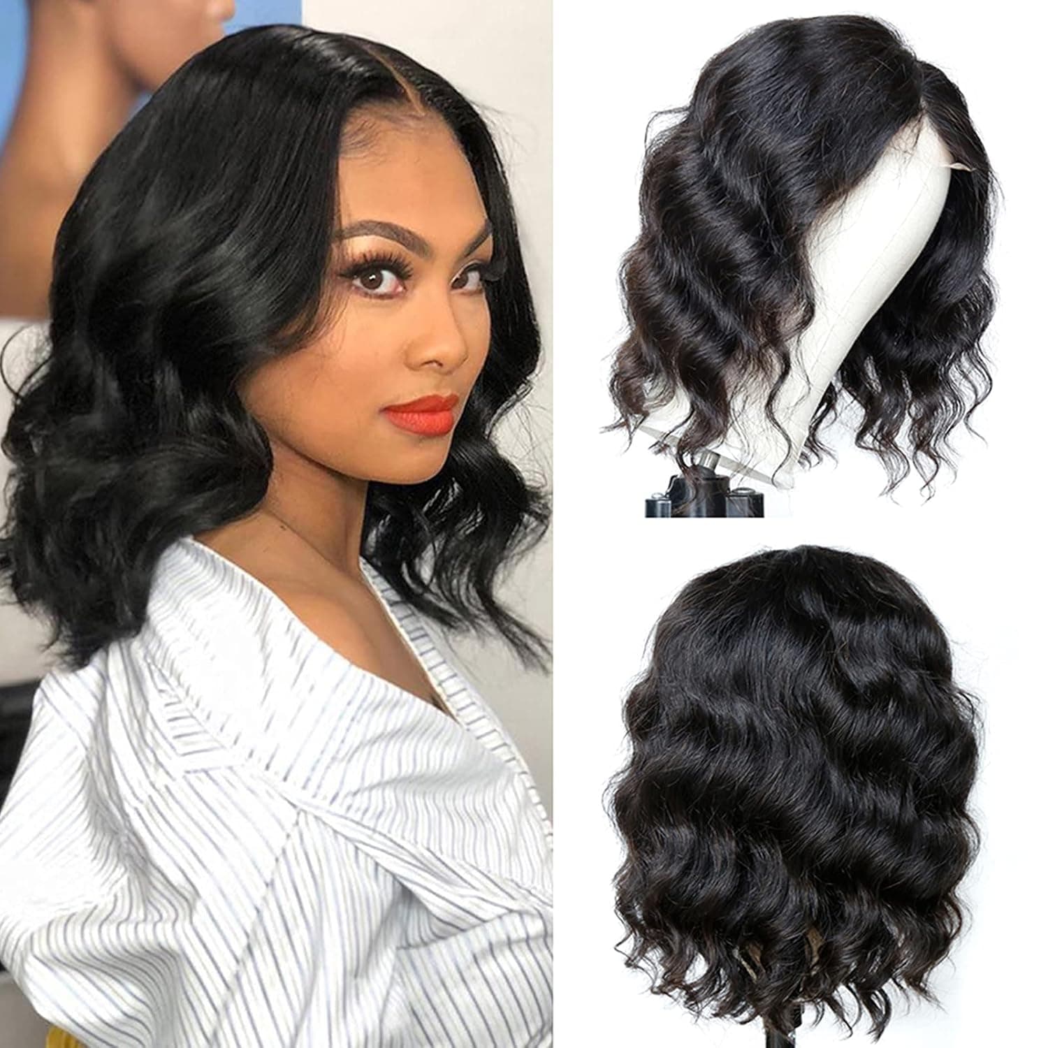 Grace Length T-Part Body Wavy Bob Lace Front Wigs Human Hair Wigs for Black Women 4x1 Lace Closure Wig Brazilian Virgin Body Wave Wigs Human Hair Bob Wigs Pre Plucked with Baby Hair (12" T-Part)