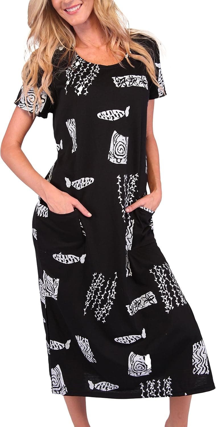 INGEAR Beach Dress Long Cotton Fashion Casual Print Summer Sleeve Cover Up (2X Plus, Black)