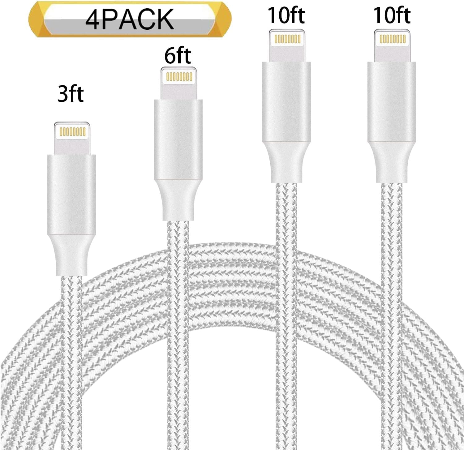 Kiomi Phone Cable 4Pack 3FT 6FT 10FT 10FT Nylon Braided Compatible with iPhone X iPhone 8 8 Plus 7 7 Plus 6s 6s Plus 6 6 Plus iPad iPod Nano Silver