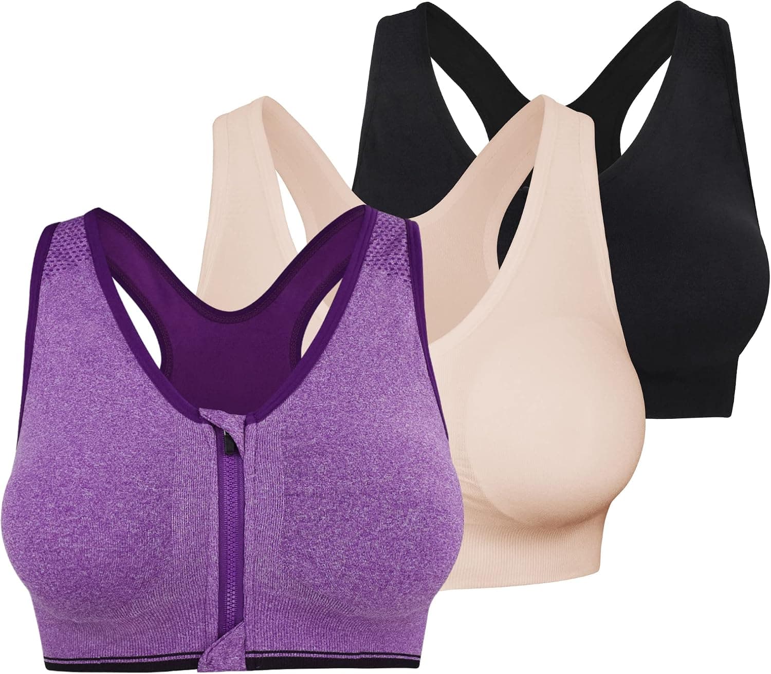 Fapreit Women's Zip Front Closure Sports Bra - Seamless Wirefree Post Surgery Zipper Padded Racerback Workout Gym Yoga Bras