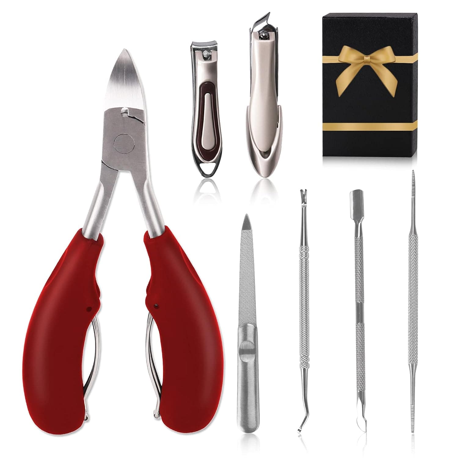 Toenail Clippers for Thick Nails, Ingrown Toenail Treatment Tools, 7 Pcs Podiatrist Stainless Steel Nail Clippers Set Portable Grooming Pedicure Tools Kit for Men, Women & Seniors (Red)