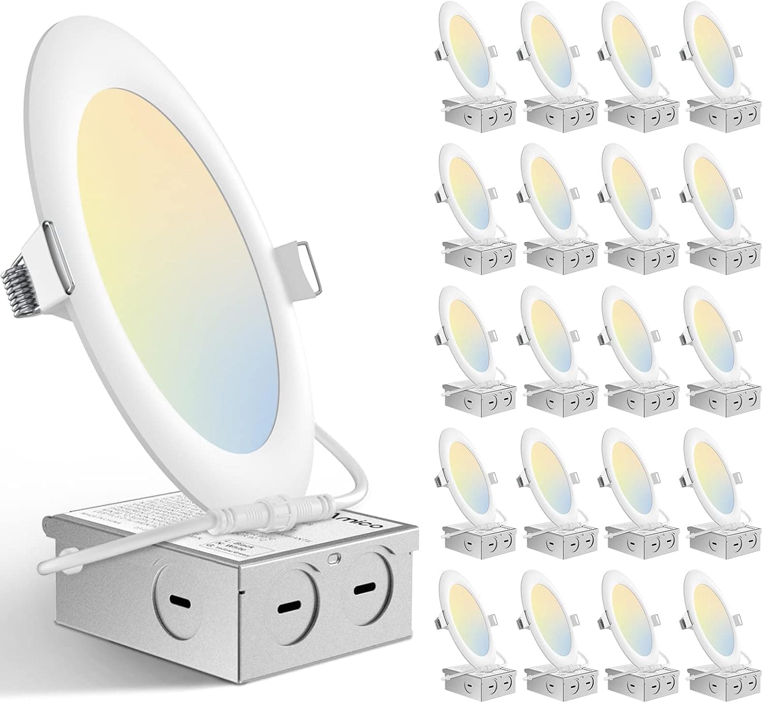 Amico 20 Pack 6 Inch 5CCT Ultra-Thin LED Recessed Ceiling Light with Junction Box, 2700K/3000K/4000K/5000K/6000K Selectable, 12W Eqv 110W, Dimmable Can-Killer Downlight, 1000LM High Brightness