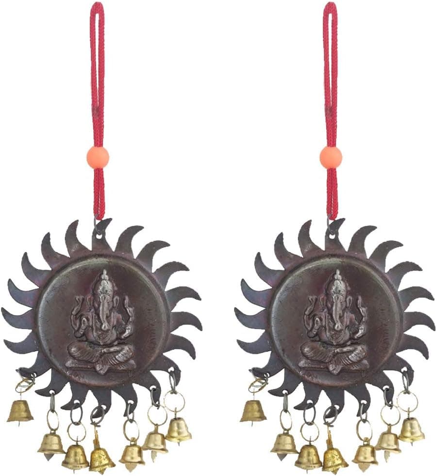 Divya Mantra Amulet for Car Rear View Mirror Decor Ornament Accessories/Good Luck Charm Vastu Ganesha with Bells Interior Wall Hanging Showpiece - Brown, Set of 2