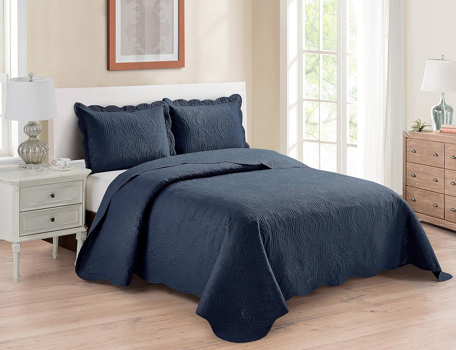 Home Collection 3pc Full/Queen Over Size Luxury Embossed Bedspread Set Light Weight Solid Navy Blue New