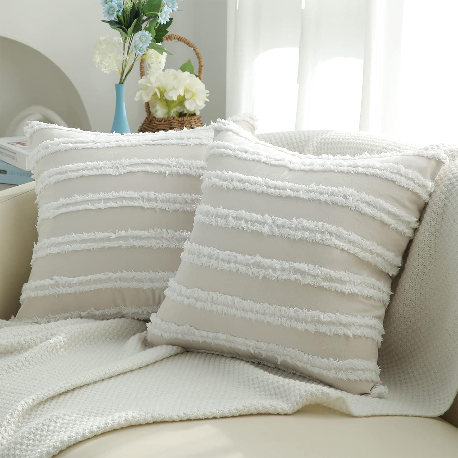 Pallene Boho Decorative Throw Pillow Covers, Neutral Striped Pillow Covers 20X20 Set of 2, Beige Cotton Linen Pillow Covers for Couch Sofa Living Room.