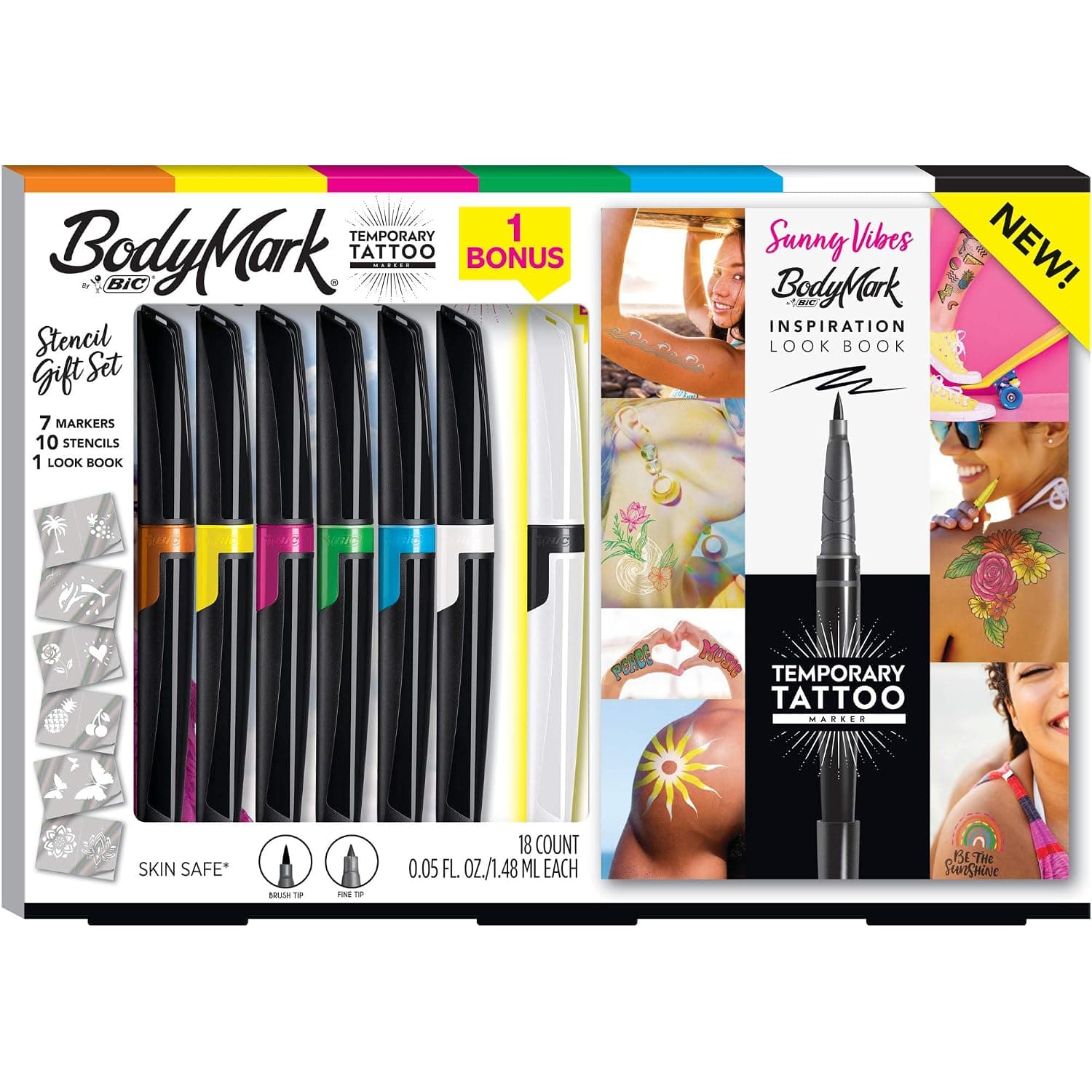 BodyMark by BIC, Temporary Tattoo Marker and Stencil Kit, Sunny Vibes Inspiration, Skin Safe, Mixed Brush Tip & Fine Tip, Assorted Colors, 6-Pack + 1 Bonus Marker