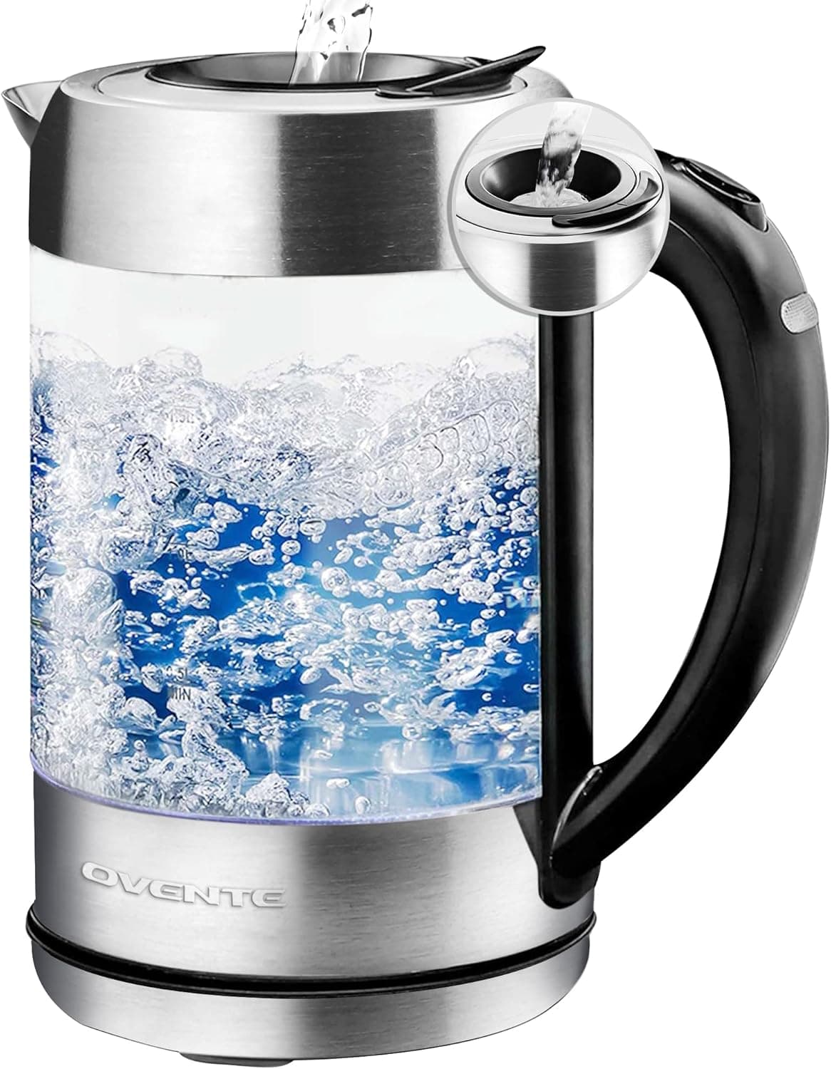 Ovente Glass Electric Kettle Hot Water Boiler 1.7 Liter ProntoFill Tech w/ Stainless Steel Filter - 1500W BPA Free Cordless Instant Water Heater Kettle for Coffee & Tea Maker - Silver KG612S