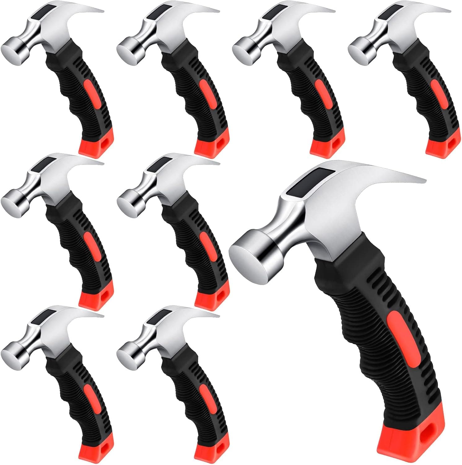 8 Pieces Small Hammer 12 Ounce Mini Hammer for Kids Women Men, Lightweight Melt Claw Hammers Bulk with Hardware Nails for Hanging Pictures Crafts Tent Kit (Orange and Black)