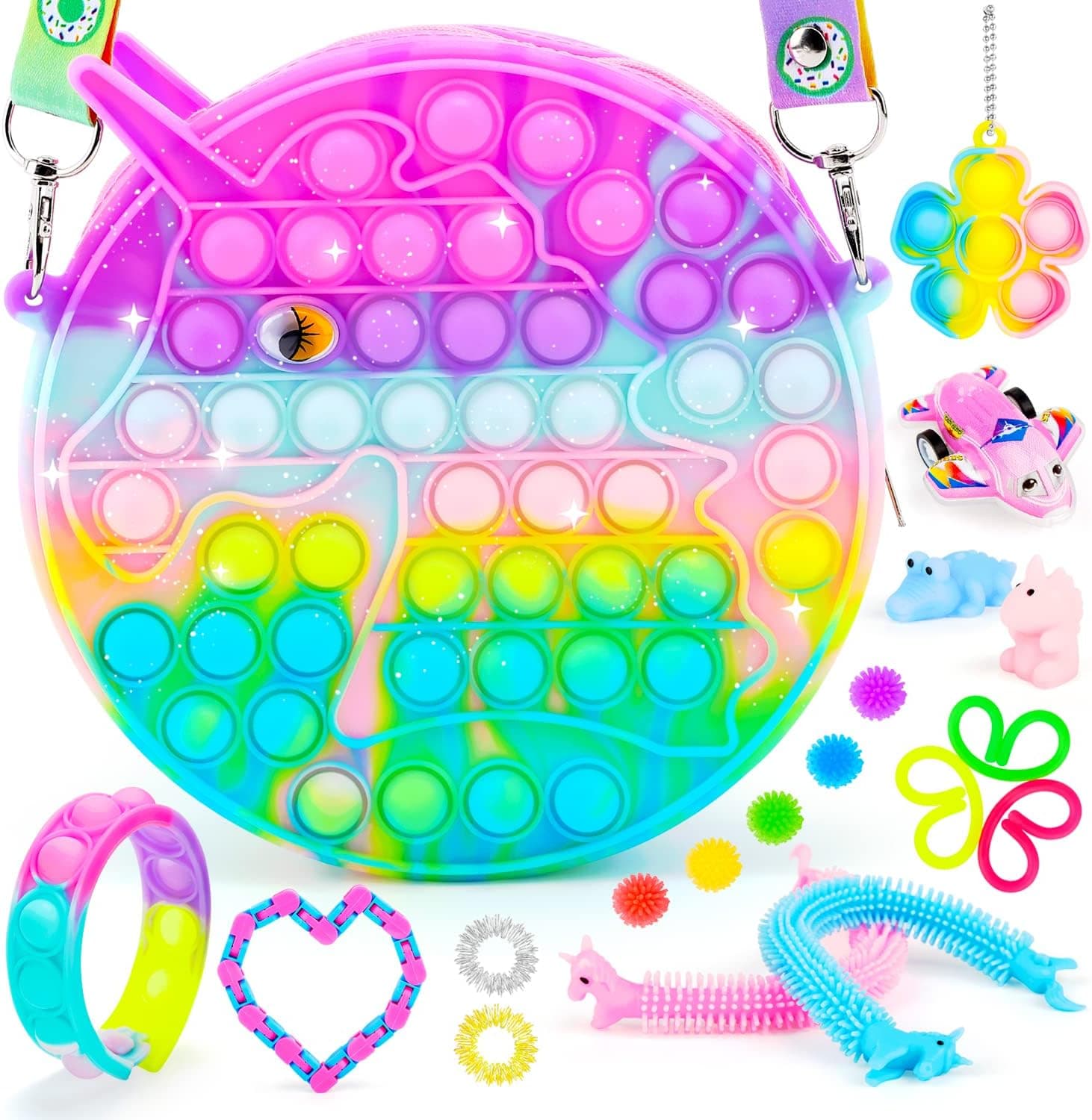 Unicorn Pop Purse Shoulder Bag for Girls Birthday Easter Gift,Pop Fidget Toys Pack Push Popping Its Unicorns Gifts for Girls Stress Relief Party Favors