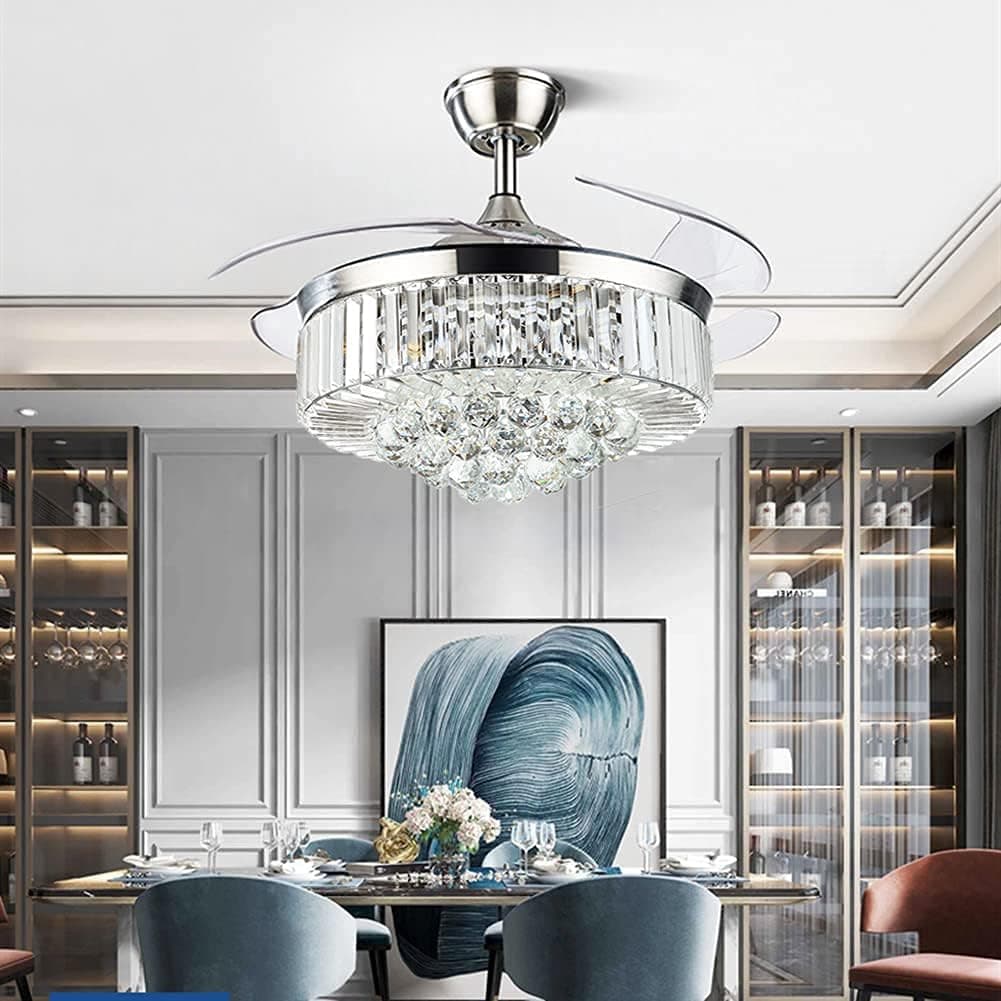 Fandian 42" Crystal Chandelier Ceiling Fan with Light Remote Control Modern Retractable Ceiling Fandeliers Chandelier Fixture, Silent Motor with LED Lighting Board Included, Brushed Silver
