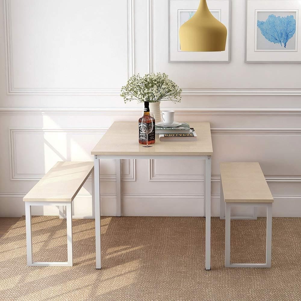Romatpretty M 3 Piece Set, Kitchen 2 Benches, Dining Room Furniture Modern Style Wood Table Top with Metal Frame, Easy Assembly Fit in, M, Oak