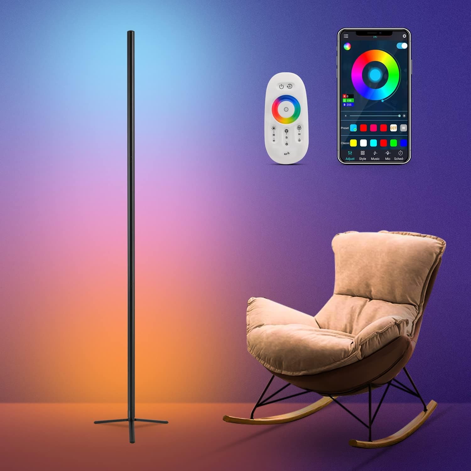 Cesuden Corner Floor Lamp,LED Modern Floor Lamps for Living Room,Dimmable RGB Floor Lamp Color Changing Mood Lighting with Remote Bluetooth for Bedroom Christmas Decorations