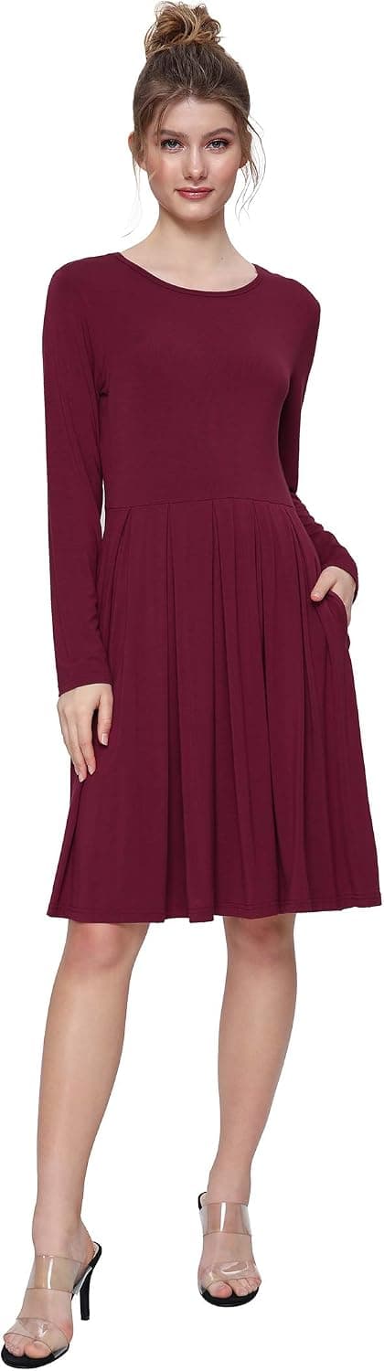 Weintee Women's Casual Dress Pleated Knee Length Dress with Pockets 2X Wine Red