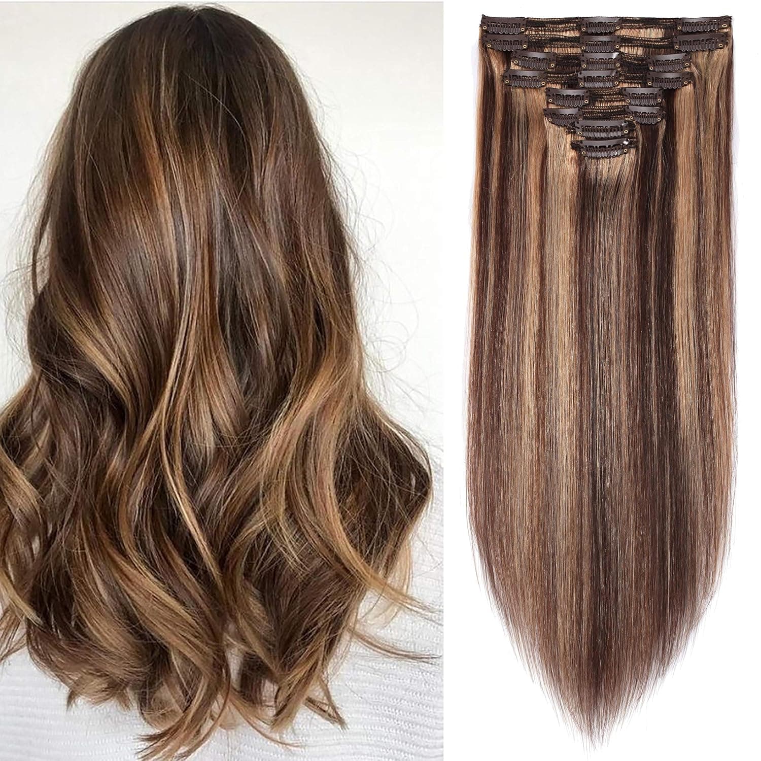 S-noilite Double Weft Hair Extensions Clip in 20inch 150g 8pcs Thick to Ends Real Natural Hair Ombre Silky Soft Straight Remy Hair for Women #04 Medium Brown Highlighted to #27 Dark Blonde Full Head