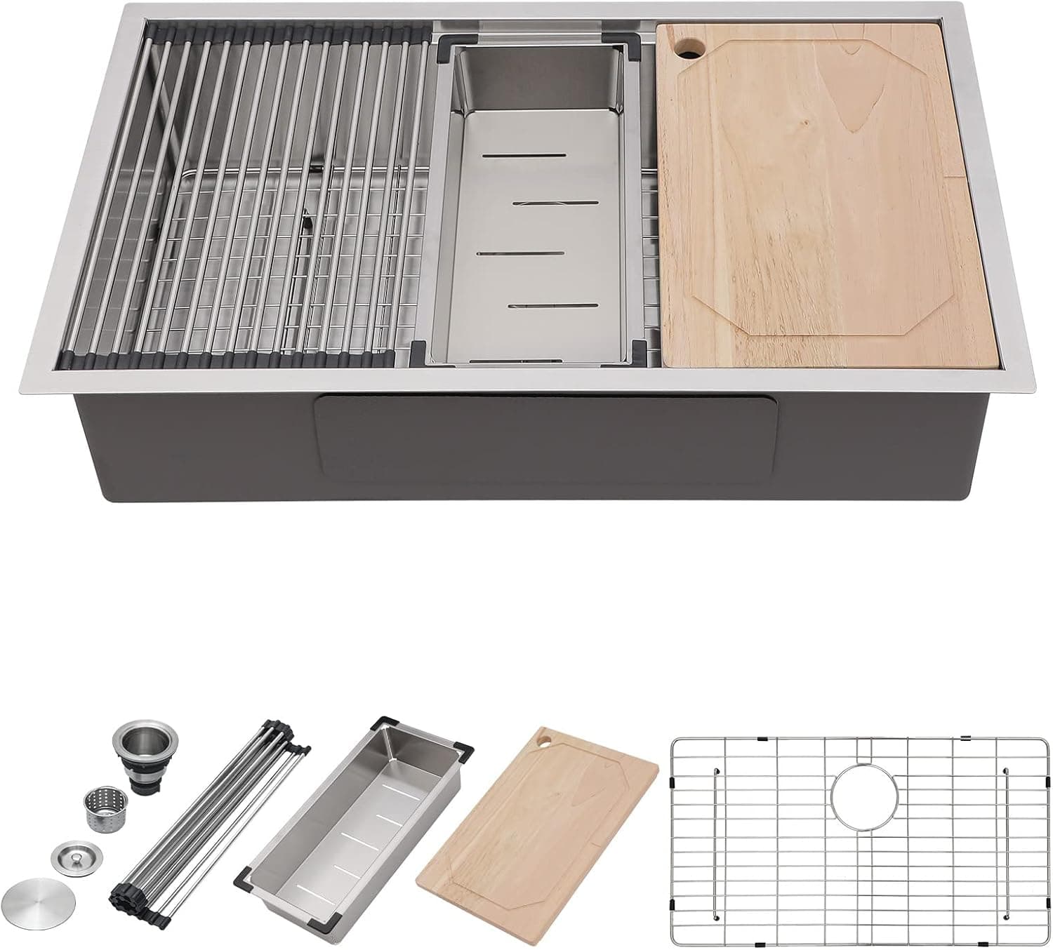 Undermount Kitchen Sink 33 Inch Stainless Steel Sink Workstation T304 Single Bowl Under Counter Ledge Kitchen Sink Basin with Dish Drying Rack Colander Cutting Board