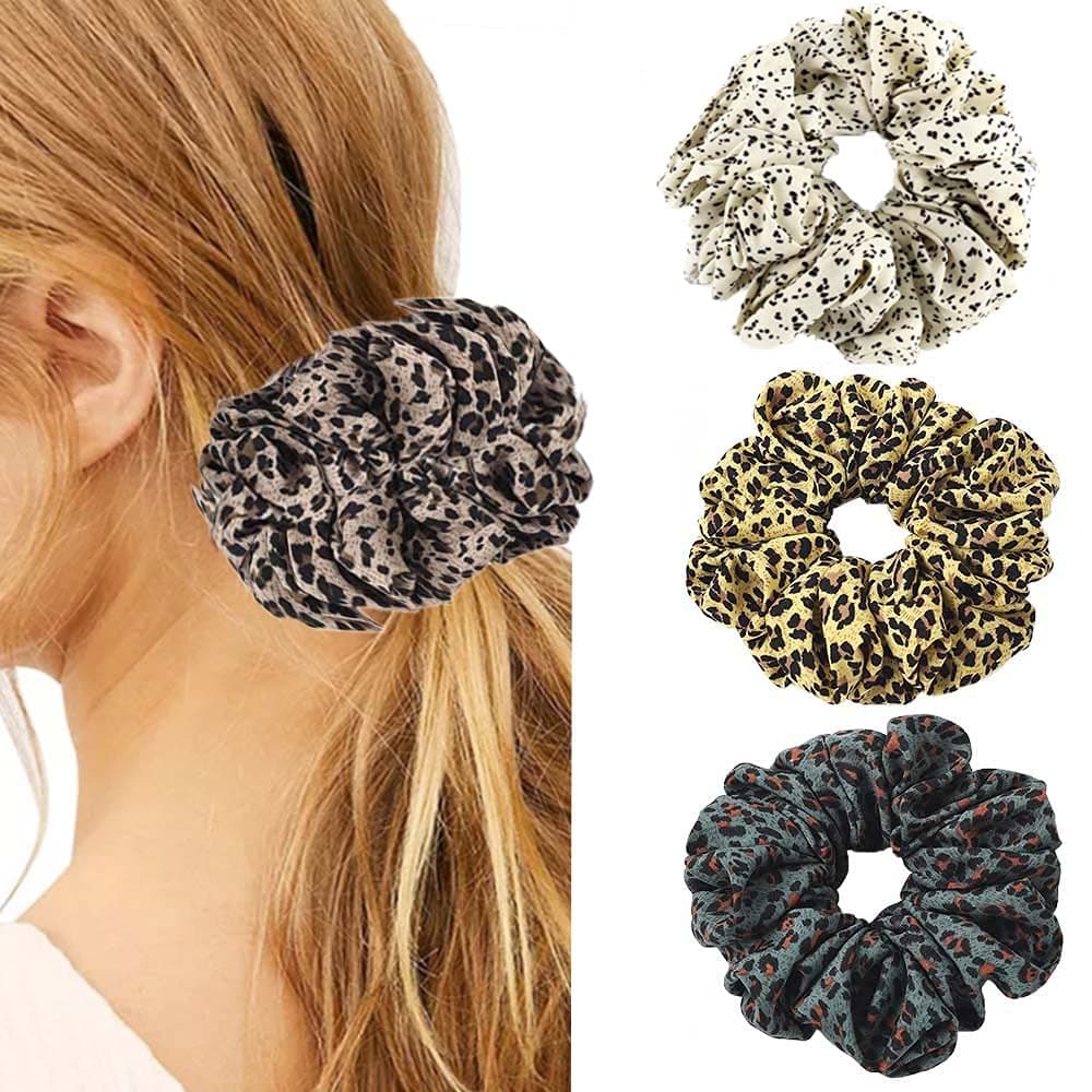 Chennie Leopard Print Scrunchie Velvet Cheetah Hair Ties Chiffon Elastic Hair Bands Oversized Scrunchy Ponytail Holder Hair Accessories Decoration Bun for Women and Girls (Pack of 4)