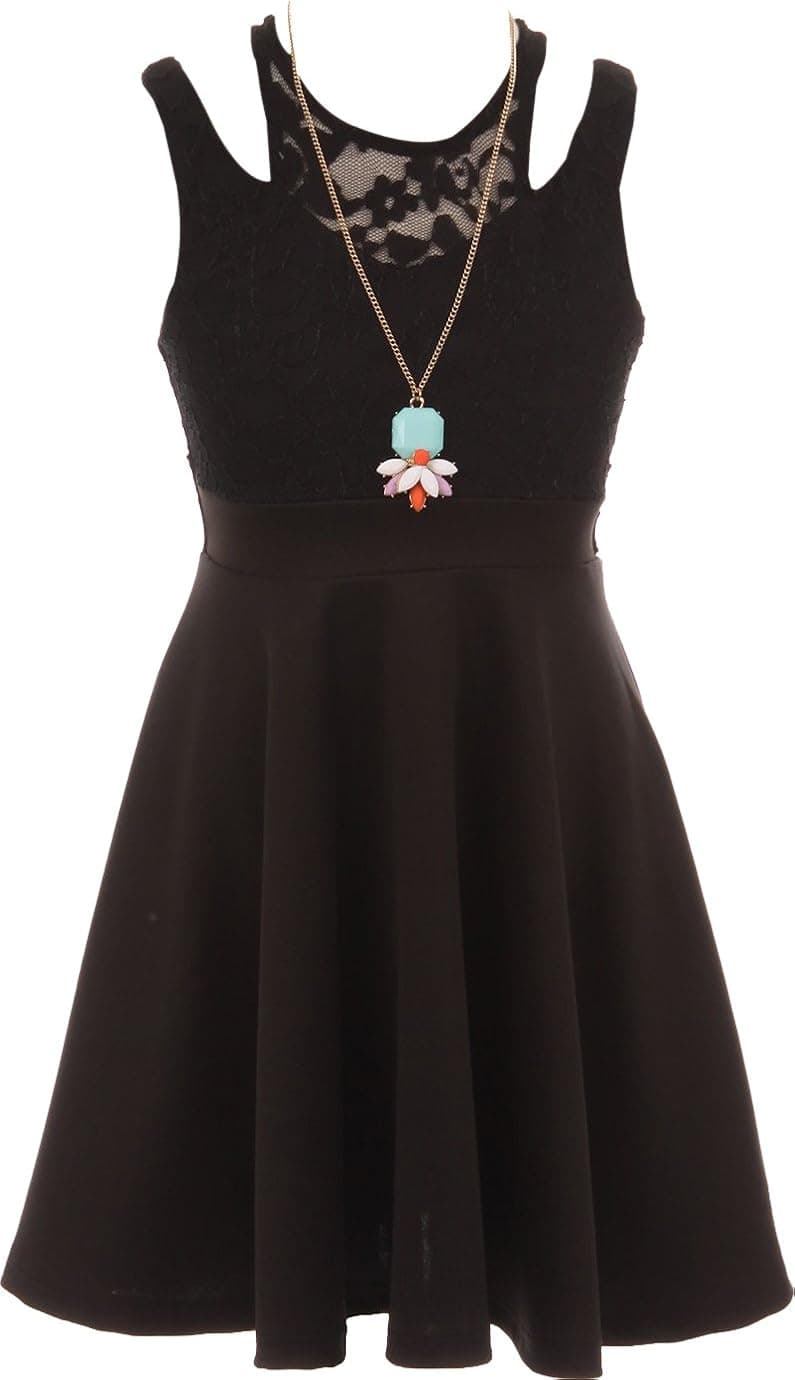 Lace Top Solid Skirt One Piece Dress with Necklace