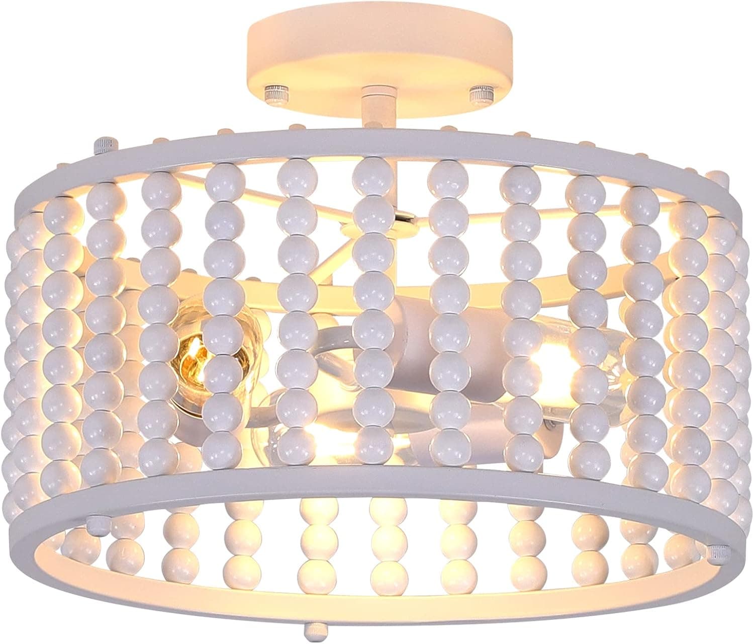 Foyer Farmhouse Light Fixtures Ceiling Mount Semi Flush Mount Light Fixture 3-Light White Wood Bead Chandelier Wooden Boho Ceiling Lights for Kitchen Bedroom Livingroom Dining Hallway Entryway