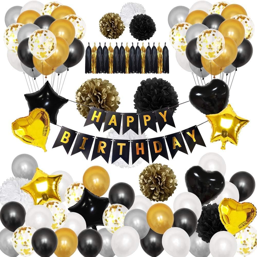 AIJOROO Birthday Decorations, Birthday Party Supplies for girl and women, include 97Pcs Banner Black Gold white Party Balloons for 10th 18th 20th 21th 22th 24th 25th 30th 35th 40th 50th Party Supplies