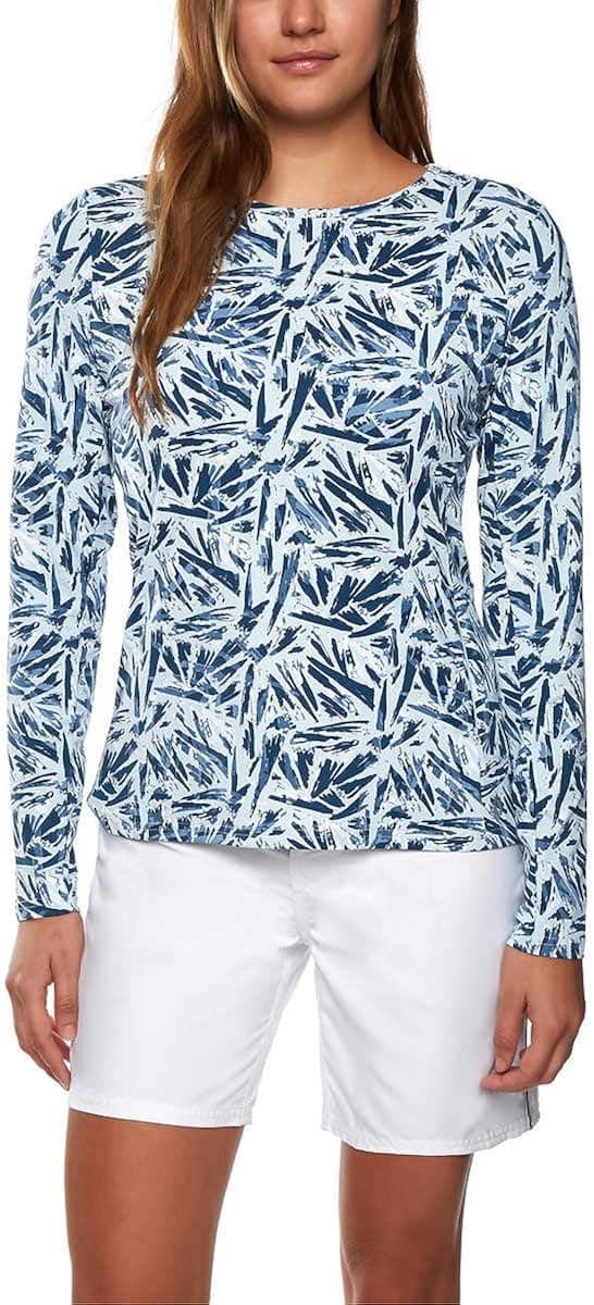 Hang Ten Womens Long Sleeve Rashguard (Palm Print Ballad Blue, Small)