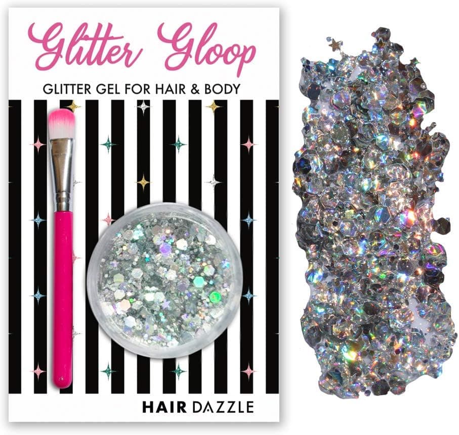 Chunky Holographic GLITTER Gel Hair & Body - HOLO SILVER - Christmas Party Hair Accessories - Gifts Sets for Girls, Mess Free, Vegan, Safe for Kids - No Glue Required - Includes Brush - Easy to use.
