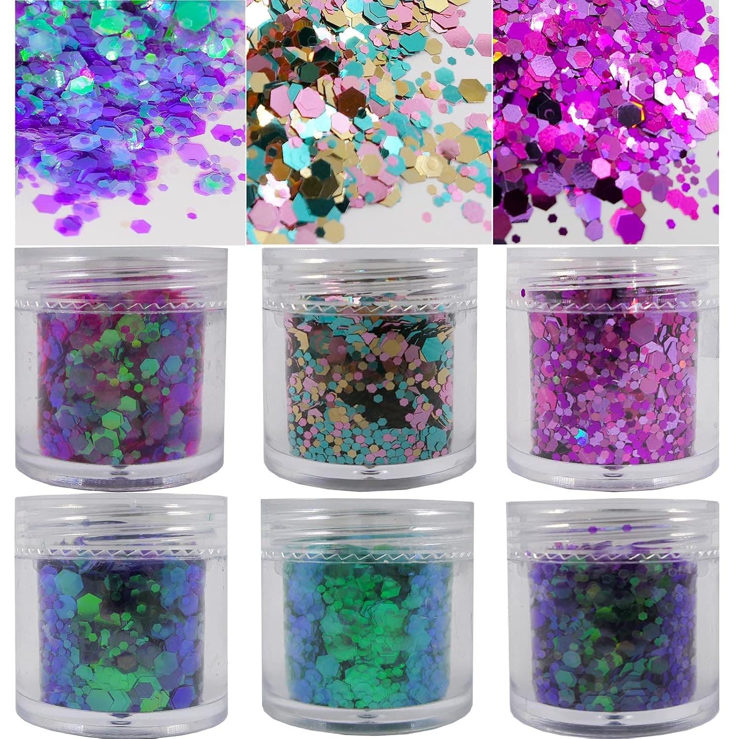 6 Colors Chunky Glitter Flakes Holographic Hexagon Powder Pigment Nail Art Sequins Body Makeup Glitters Epoxy Confetti Accessories for Resin Crafts Nail Designs (Mixed Color E)